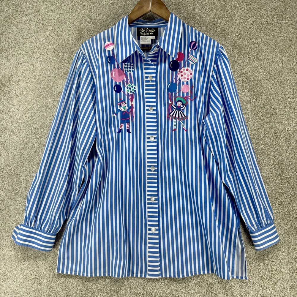 Bob Mackie Whimsical Button Up Shirt L Blue Stripes Clown Balloons Maximalist